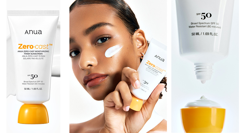 Anua's sunscreen, the new Zero-Cast Moisturizing Finish, features a 'Sun Cup' for a mess-free application.